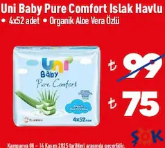 UNİ BABY PURE COMFORT ISLAK MENDİL ORGANİK ALOE VERA ÖZLÜ 4X52 ADET